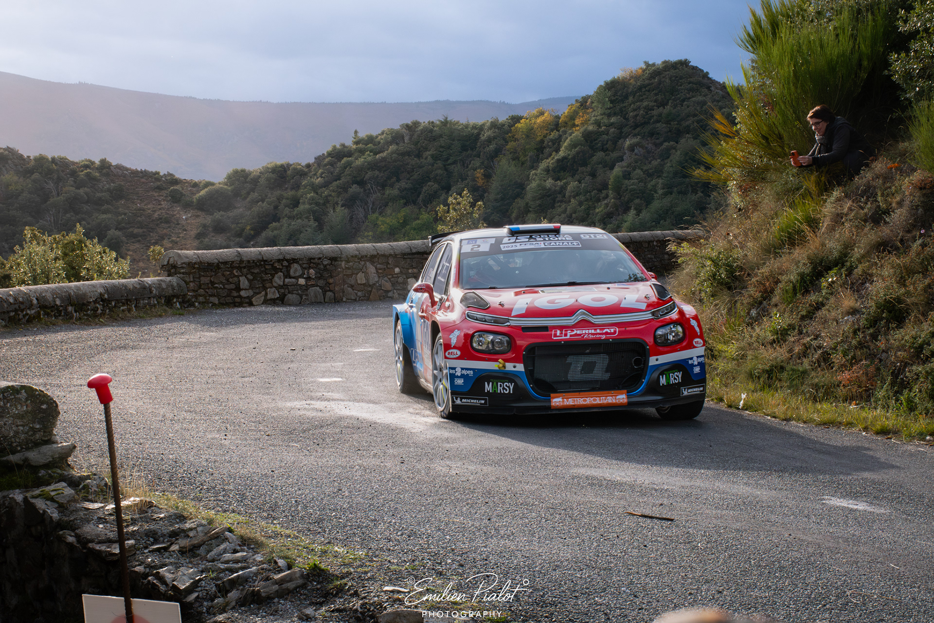 Peugeot 208 Rally4 blanche et verte, rue bordée d'arbres