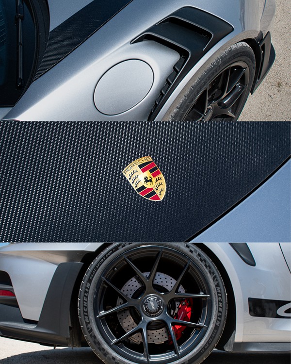 Planche détails : aileron arrière, écusson et jante de la Porsche GT3 RS