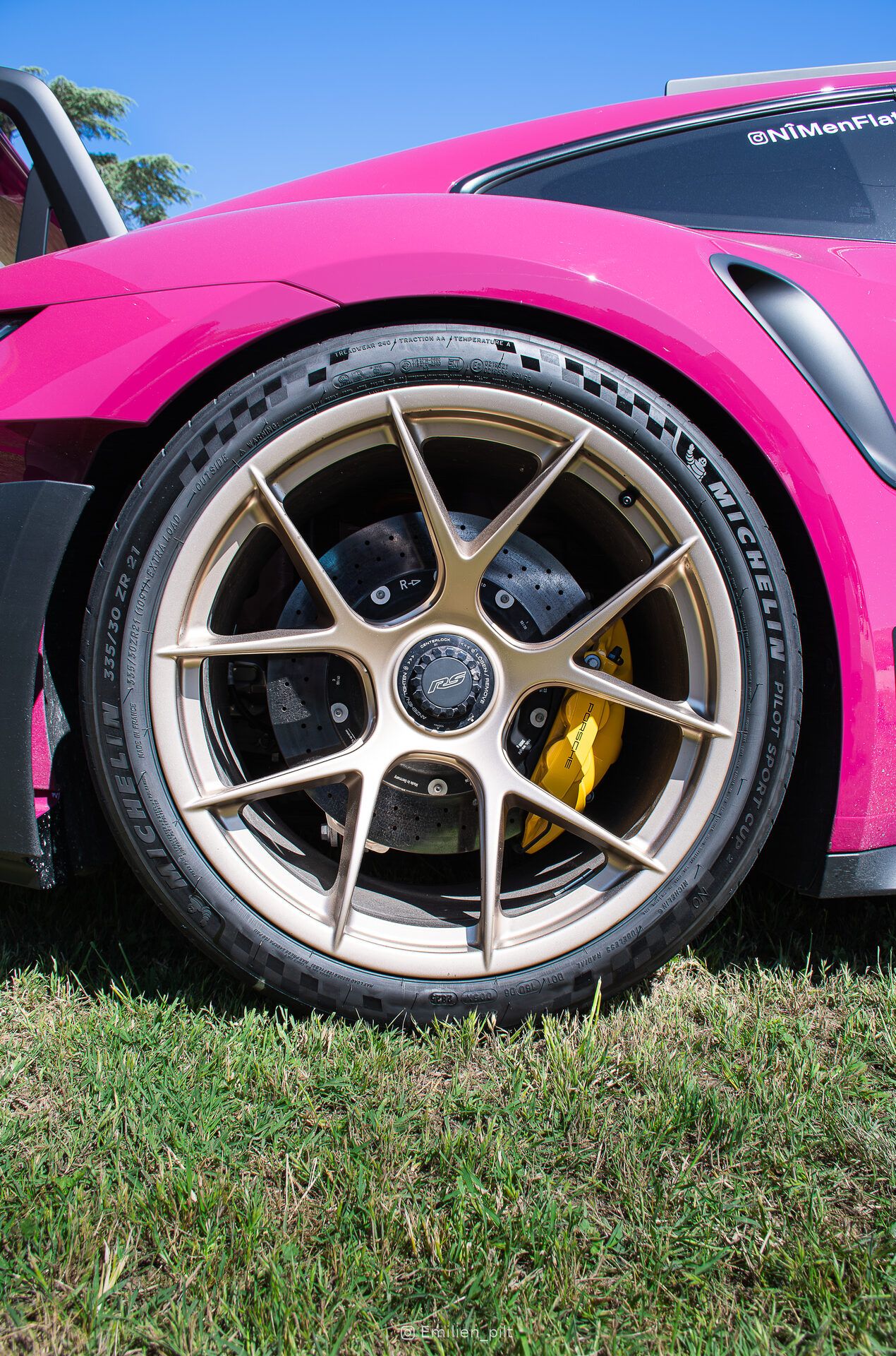 Porsche GT3 RS rose, vue de profil au rassemblement